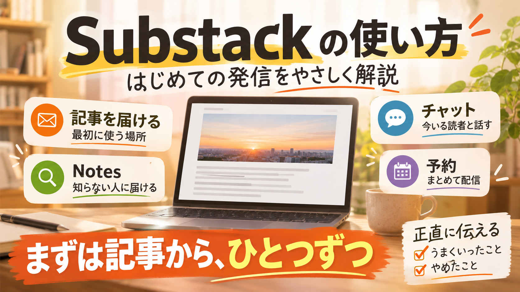 Substackの使い方を、記事・Notes・チャットの3つの役割に分けて順番に整理した図解